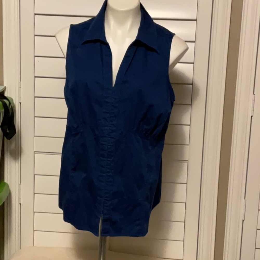 Venezia Blue Sleeveless Ruched Button Down Blouse